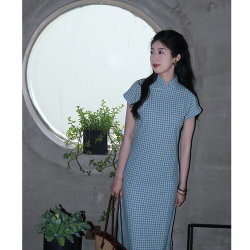 星漫古法旗袍2025新款年轻款少女格子蓝色小清新春夏新中式全开襟