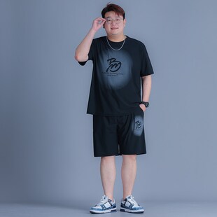 夏季大码休闲冰丝男t恤短袖2025新款加肥加大胖子宽松运动套装男