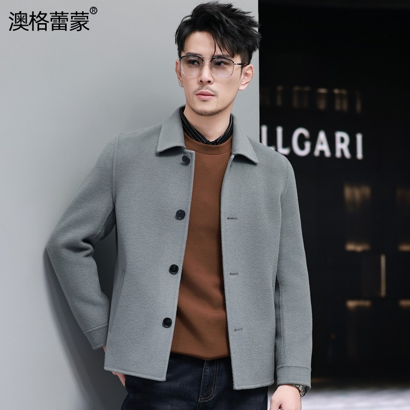 毛呢外套男翻领短款时尚双面呢夹克秋冬零羊绒休闲羊毛呢子大衣潮