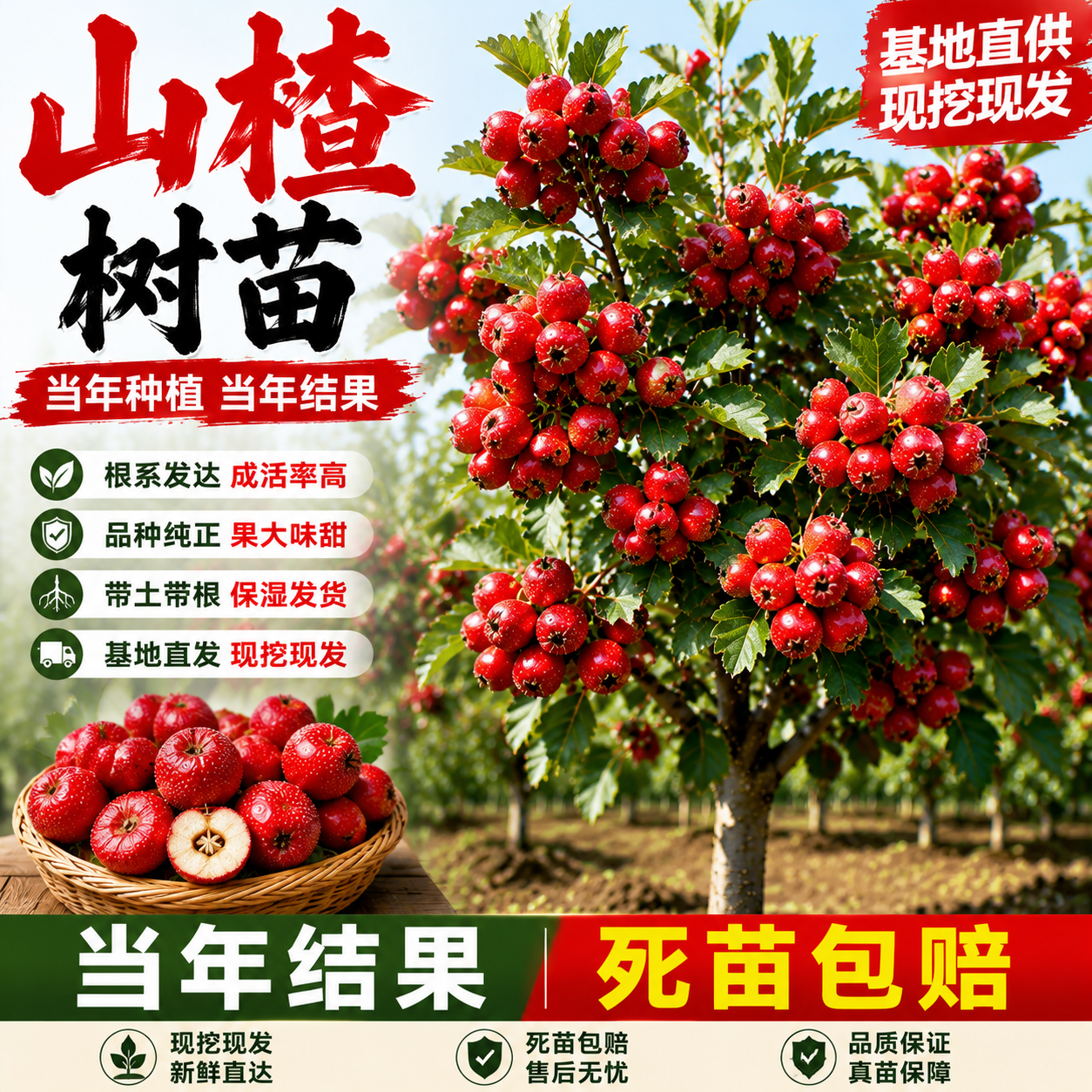 山楂树活苗大金星大五棱苗甜红子黄山楂嫁接歪把红果苗大金星树苗