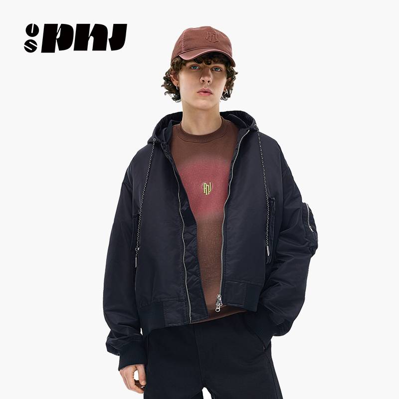 bomber飞行夹克男假两件连帽外套