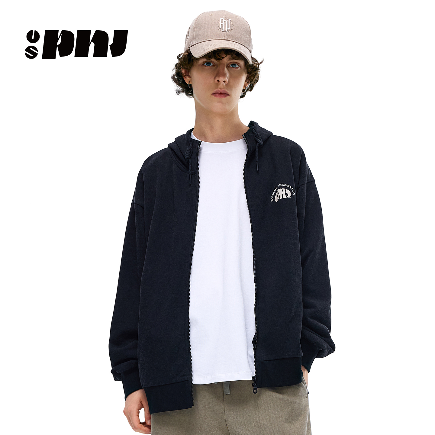 2025春美式重磅开衫卫衣男黑色