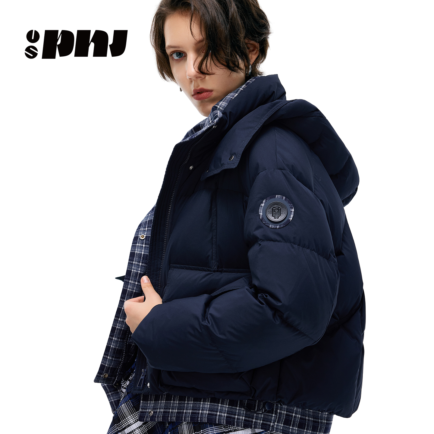 格子拼接宽松保暖外套复古风