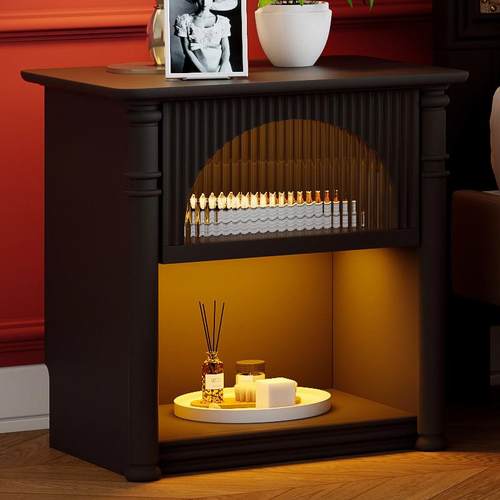 法式复古床头柜实木简约现代床边柜卧室迷你小型收纳储物柜玻璃门