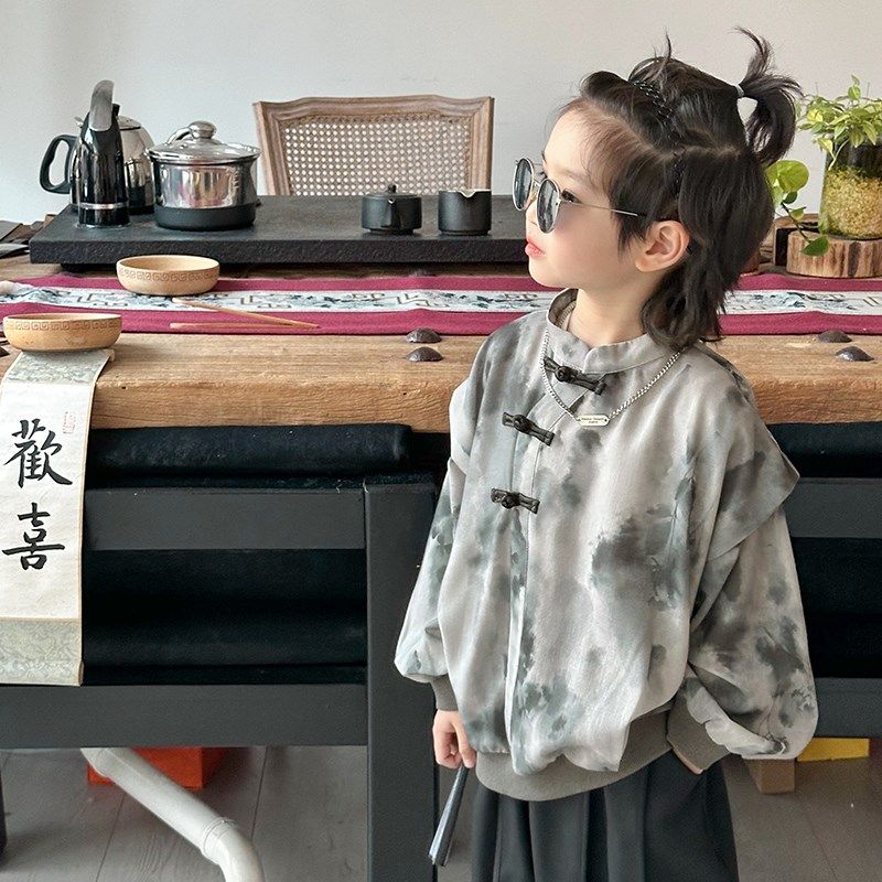 男童秋季新款长袖立领衬衫国风盘扣水墨画儿童衬衣新中式套头上衣