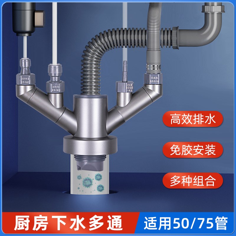 厨房下水三通洗菜盆排水管道水槽洗碗机多功能分流器防臭接头配件