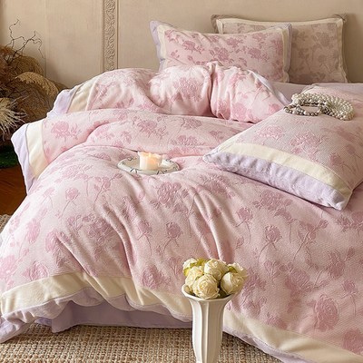 A类法式浪漫冬季保暖牛奶绒四件套加厚着色雕花被套床品粉咖绿色