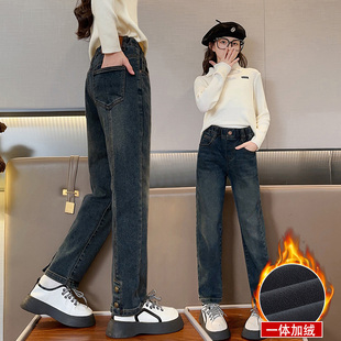 加厚一体棉裤 女童韩版 儿童大童女孩老爹裤 2023秋冬新款 加绒牛仔裤