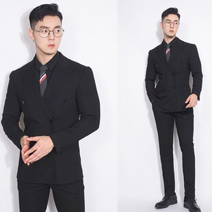修身 轻熟黑色男西装 二件套新款 韩版 双排扣礼服轻商务英伦西服套装
