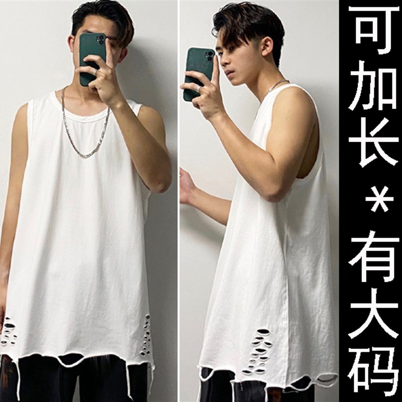 上新/男款夏季打底内搭背心/纯棉弹力加肥加大码/破洞乞丐/可加长图片