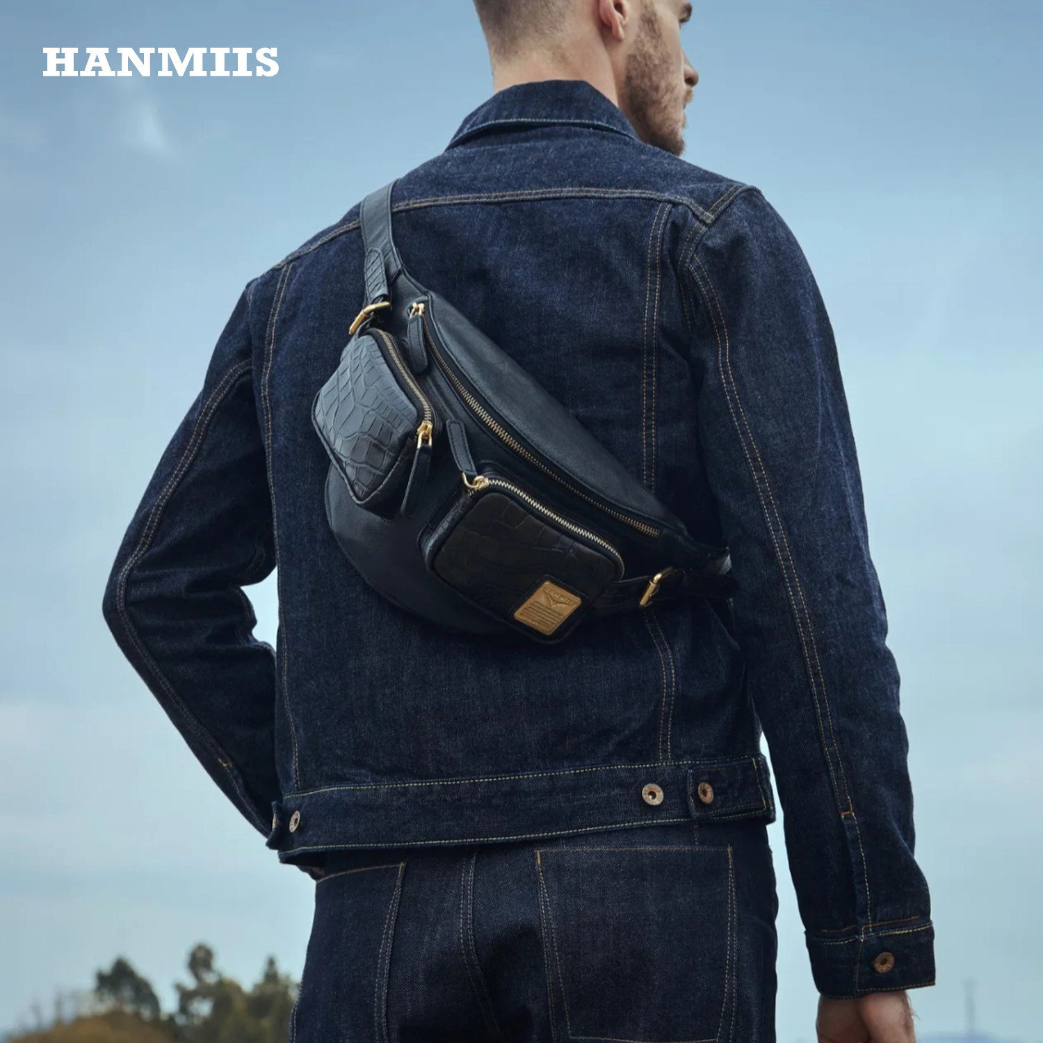 HANMIIS鳄鱼纹胸包 头层牛皮复古真皮男士单肩斜挎包骑行男包休闲