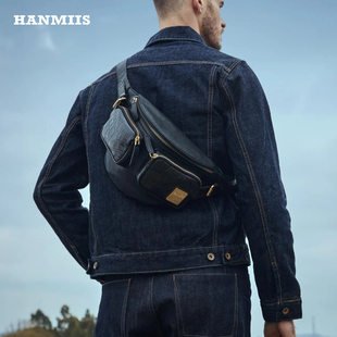 HANMIIS鳄鱼纹胸包 单肩斜挎包骑行男包休闲 头层牛皮复古真皮男士