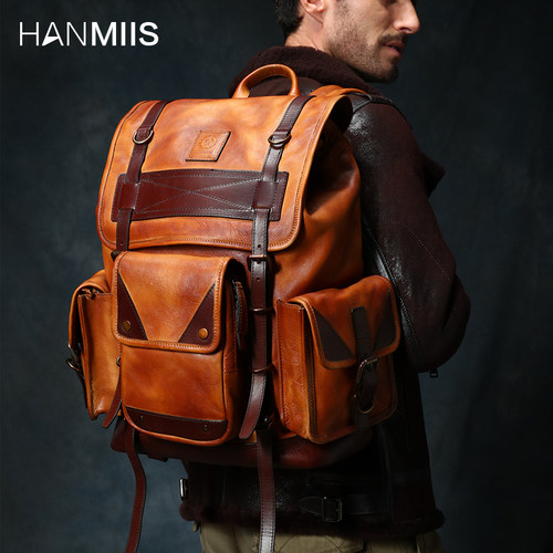 hanmiis全真皮大容量双肩包