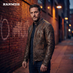 HANMIIS 头层牛皮真皮立领外套水洗复古机车夹克男 茶芯毒液皮衣