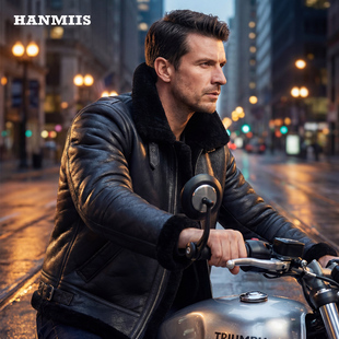 HANMIIS羊皮毛一体冬季B3空军飞行夹克真皮衣男皮草外套厚原生态