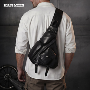 单肩斜挎骑行包 汉名仕B6伞兵头层牛皮三角胸包大容量真皮复古男士