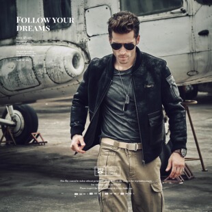 HANMIIS棒球领A2 绵羊皮毛一体外套复古真皮皮衣飞行员夹克男皮草