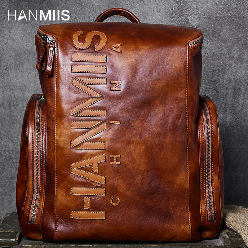 HANMIIS3D字母头层植鞣牛皮复古包双肩包运动书包全真皮男士背包 箱包皮具/热销女包/男包 双肩背包 原图主图