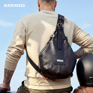 HANMIIS原创真皮胸包 头层牛皮男包机车复古单肩包斜挎包 B6伞兵