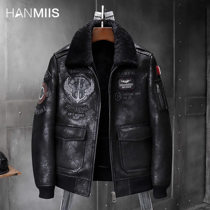 HANMIIS空降兵A2刺绣飞行服加厚皮毛一体男夹克外套真皮皮衣皮草