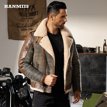 HANMIIS斜拉链机车皮毛一体外套加厚空军飞行服男真皮皮衣原生态