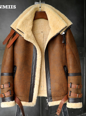 汉名仕霸气飞行服B3羊皮毛一体男加厚御寒外套皮夹克机车真皮皮衣