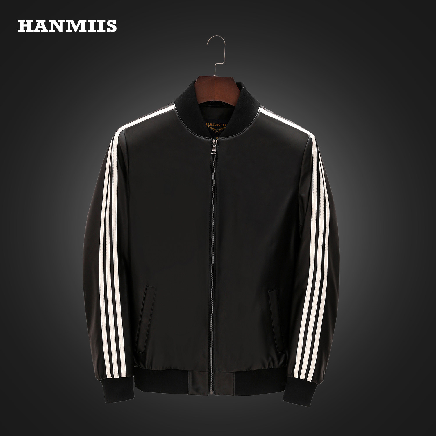 HANMIIS小贝同款情侣三条杠绵羊皮 真皮皮衣男机车单皮衣真皮夹克