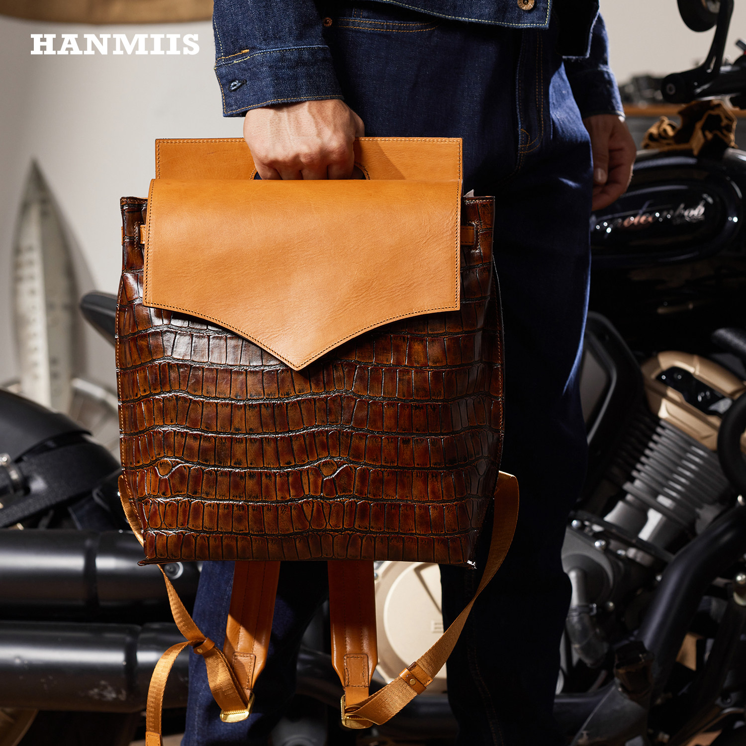 汉名仕经典花纹双肩包男女头层牛皮背包大容量电脑包高级感皮包