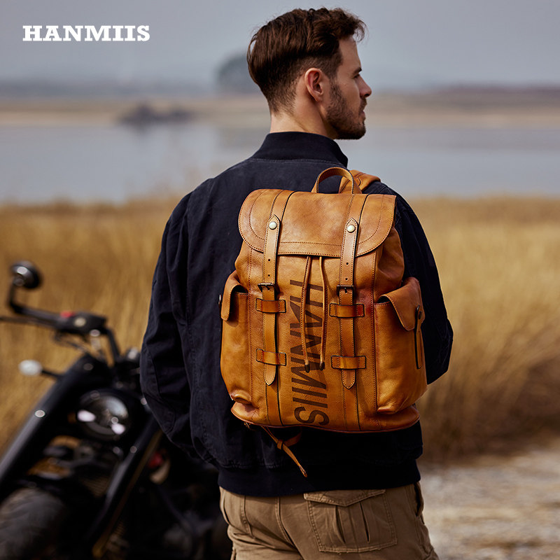 HANMIIS激光刻字 头层牛皮大容量双肩包旅行袋包全真皮男背包书包