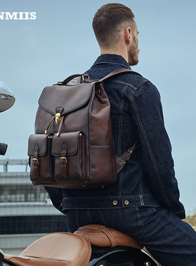 HANMIIS真皮双肩包高级感小众头层牛皮电脑包男士皮背包复古出差