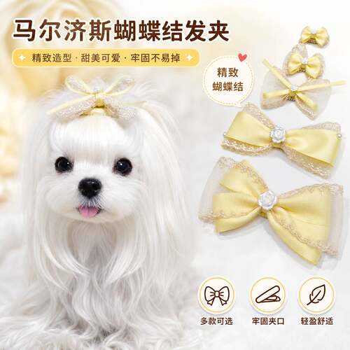 马尔济斯专用黄色蝴蝶结宠物发夹