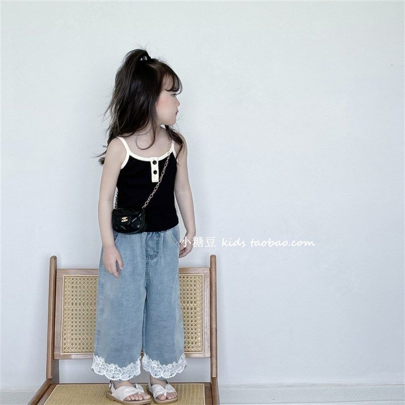 女童蕾丝花边牛仔阔腿裤2024夏季新款韩版女孩洋气薄款直筒九分裤,童装/婴儿装/亲子装,裤子,淘宝优惠券,粉丝福利购,淘宝优惠卷
