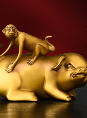 纯铜猪摆件黄铜猴摆件家用办公室装饰注定封侯猪定封侯全铜猪上猴