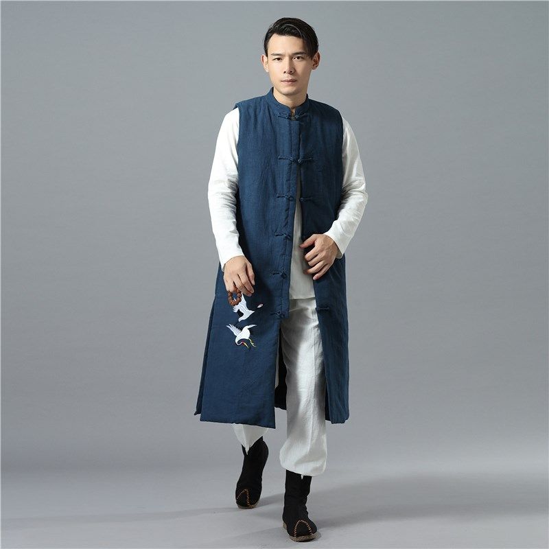 加厚棉袄秋冬季棉麻马甲中国风男装中长款棉麻服仙鹤长款马夹唐装,男装,常规马甲,淘宝优惠券,粉丝福利购,淘宝优惠卷