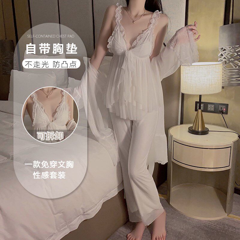 宫廷睡衣女春秋款长袖蕾丝网纱吊带胸垫纯欲公主风晨袍家居服套装