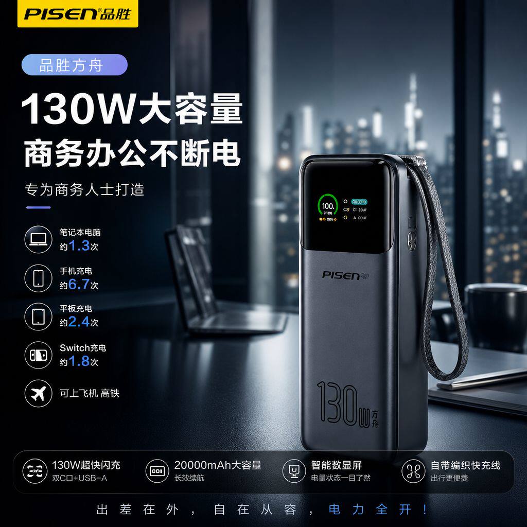 品胜新款240W自带线Type-c充电宝3C认证超级快充20000mA可上飞机方舟移动电源苹果17平板笔记本电脑