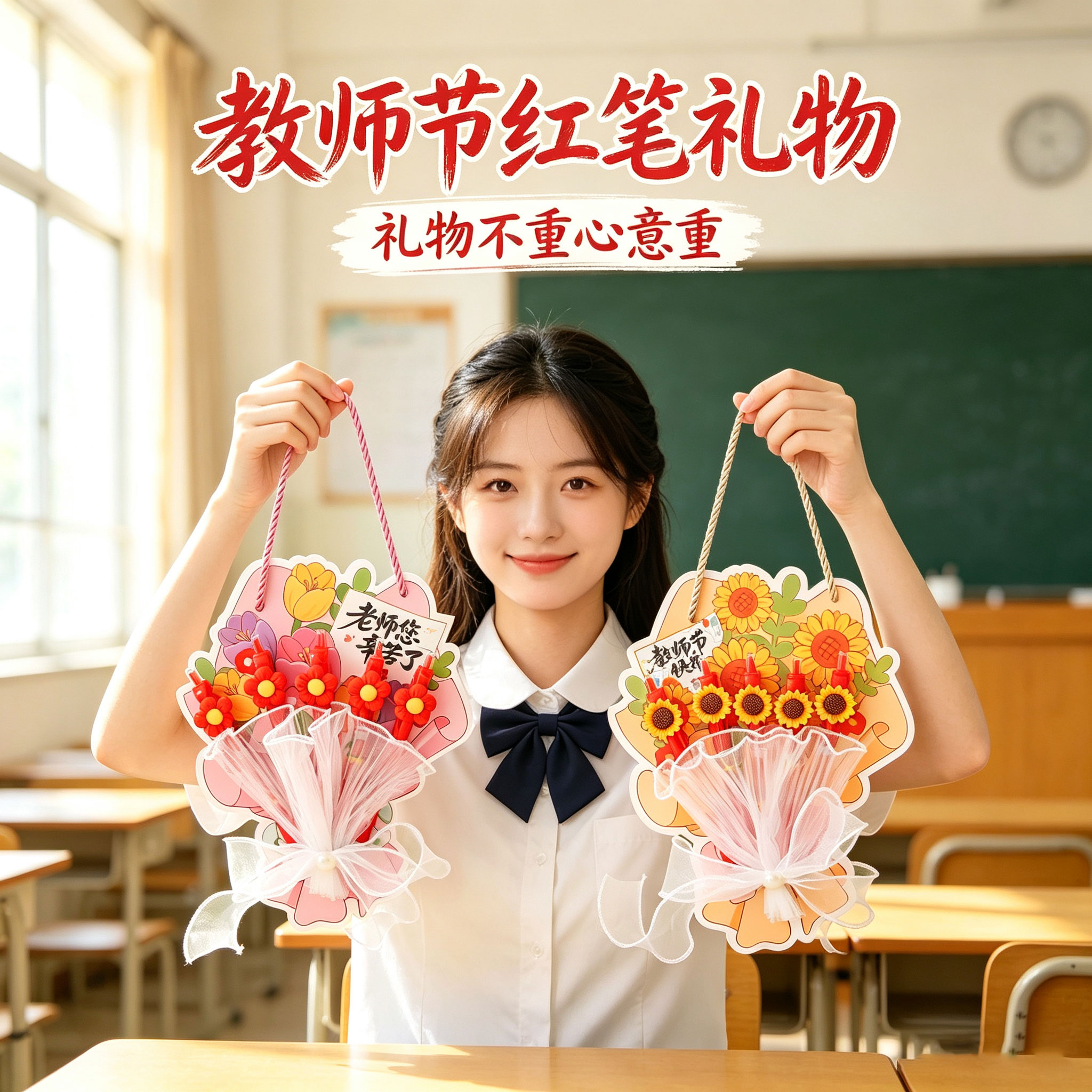 教师节diy花束贺卡小礼物实用专用红笔送幼儿园男女老师感谢栽培