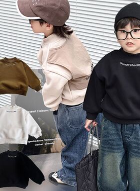 高级~儿童秋冬一体绒假两件半高领圆领加绒卫衣男童冬季加厚上衣