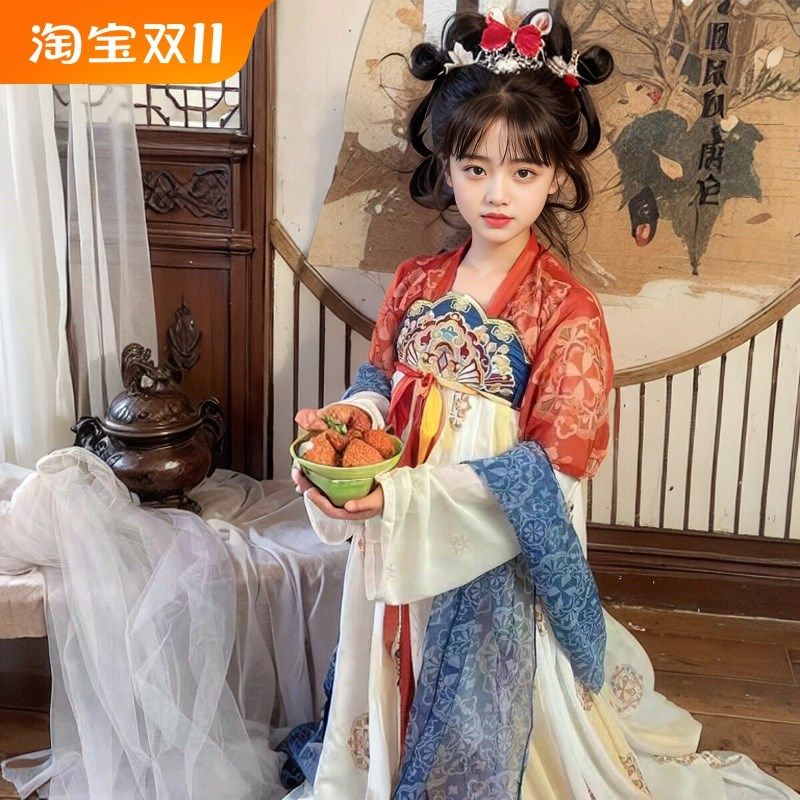 女童汉服2024新款齐胸襦裙团花复原大袖衫唐风改良连衣裙原味高端