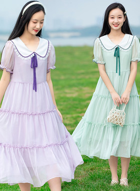 少女连衣裙夏季2023雪纺长款过膝女大童初中女生高中学生夏装裙子
