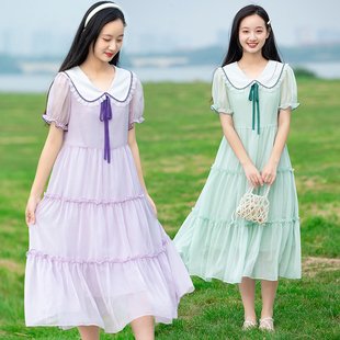 少女连衣裙夏季2023雪纺长款过膝女大童初中女生高中学生夏装裙子