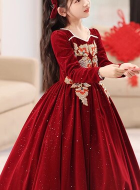 女童汉服礼服轻奢端长袖红色儿童生日公主裙洋气秋冬花童主持人