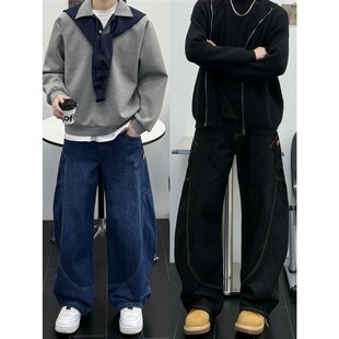显瘦美式 宽松阔版 休闲情侣秋冬潮 黑色明线弯刀牛仔裤 孙聖云啊雲