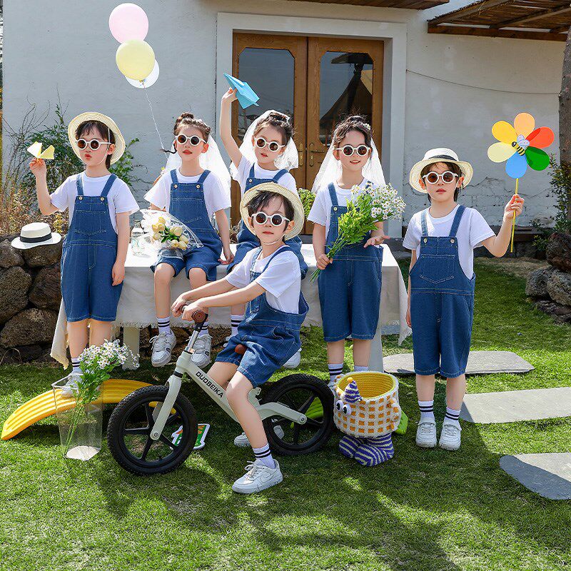 儿童牛仔背带裤夏季演出服男童小学生运动会班服女童幼儿园毕业照