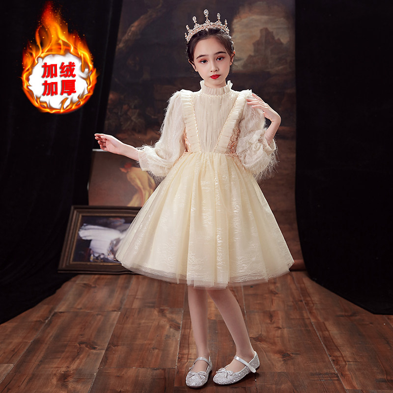 女童长袖礼服公主裙生日加绒小女孩花童婚纱儿童钢琴演出服秋冬季