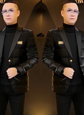 2023秋冬季男士外套休闲羽绒服潮修身西装款黑色保暖抗寒百搭奢华