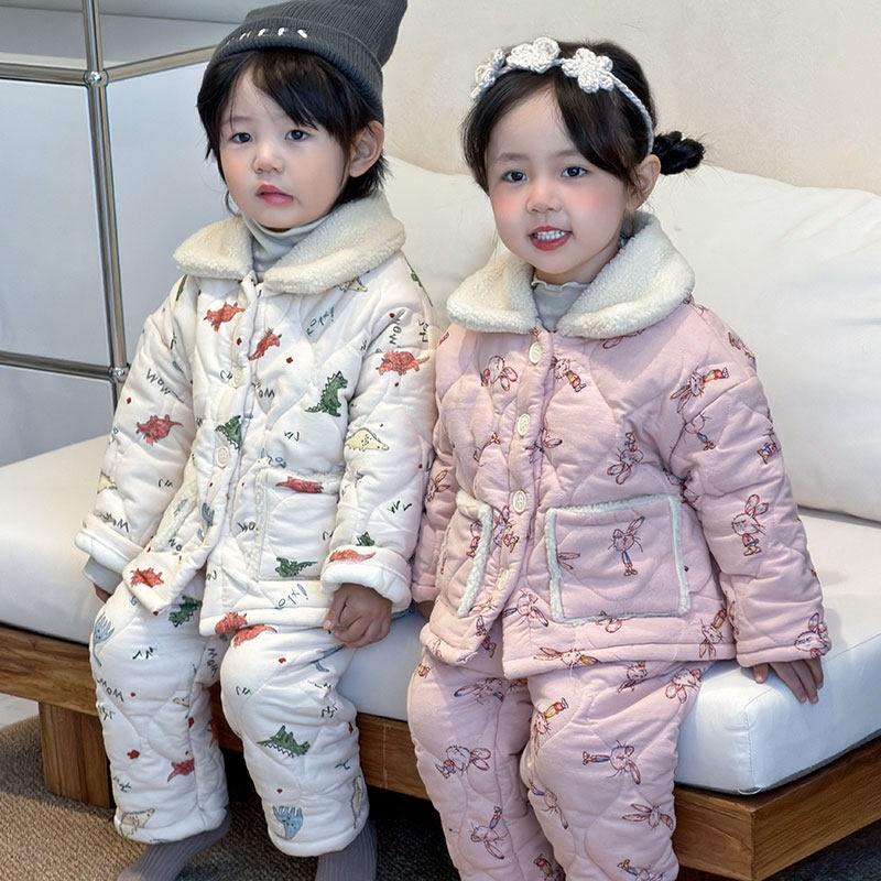 儿童发夹棉睡衣冬季女童三层加厚家居服套装秋冬款男童保暖加绒睡