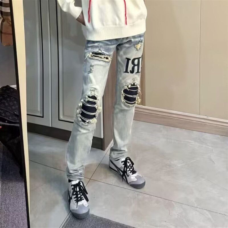 牛仔裤男女网红潮牌高街美式乞丐破洞修补程式刮烂潮流修身小脚长