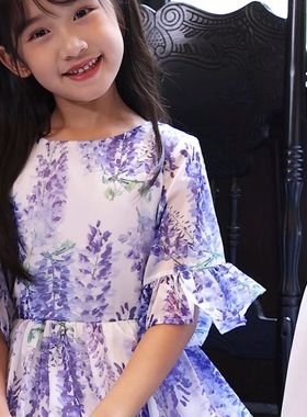 童装女童夏天连衣裙度假雪纺印花超长拖地裙亲子装母女装中学生