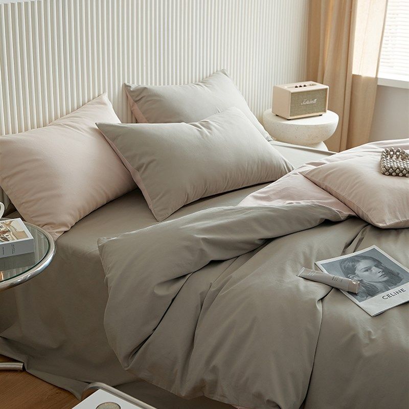 高级感100支磨毛四件套冬天纯棉全棉拼色被套加厚床单床笠式床品